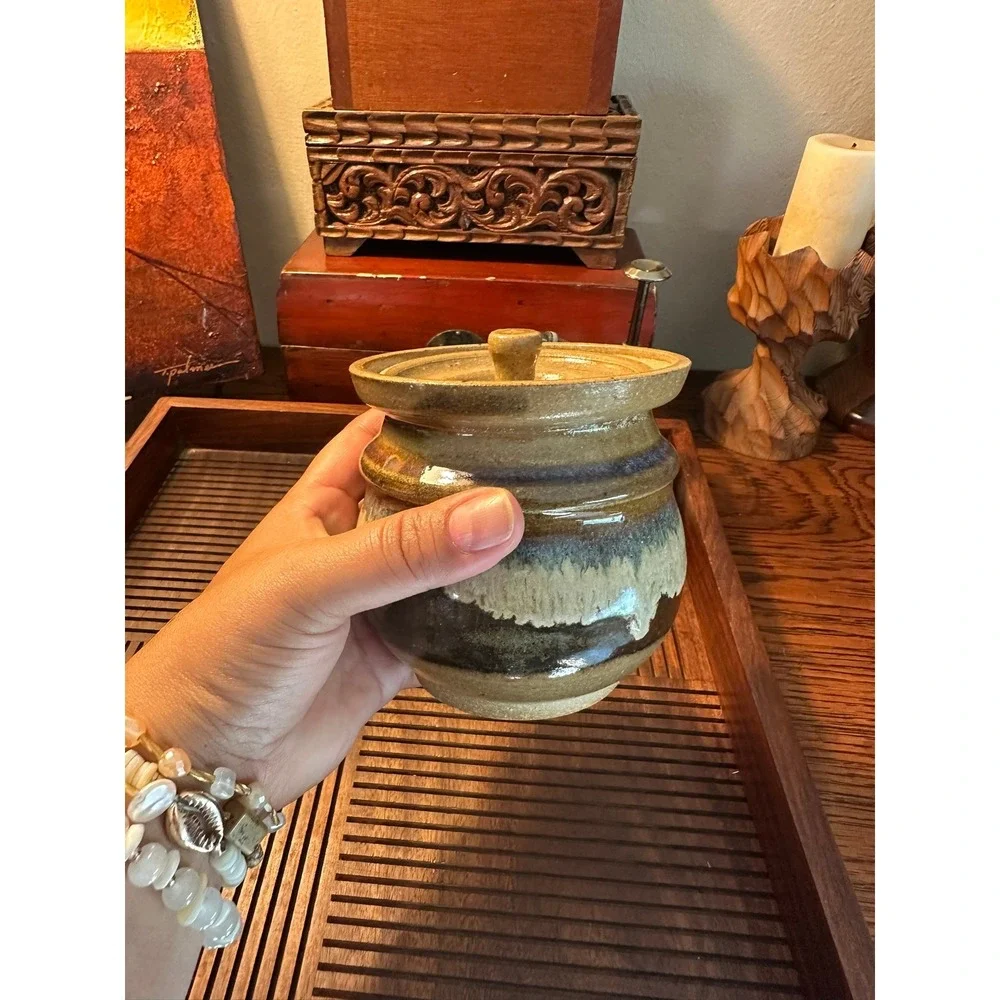 Vintage Artisan Signed Studio Pottery Honey Pot Drip Glaze Brown Cream 4.5